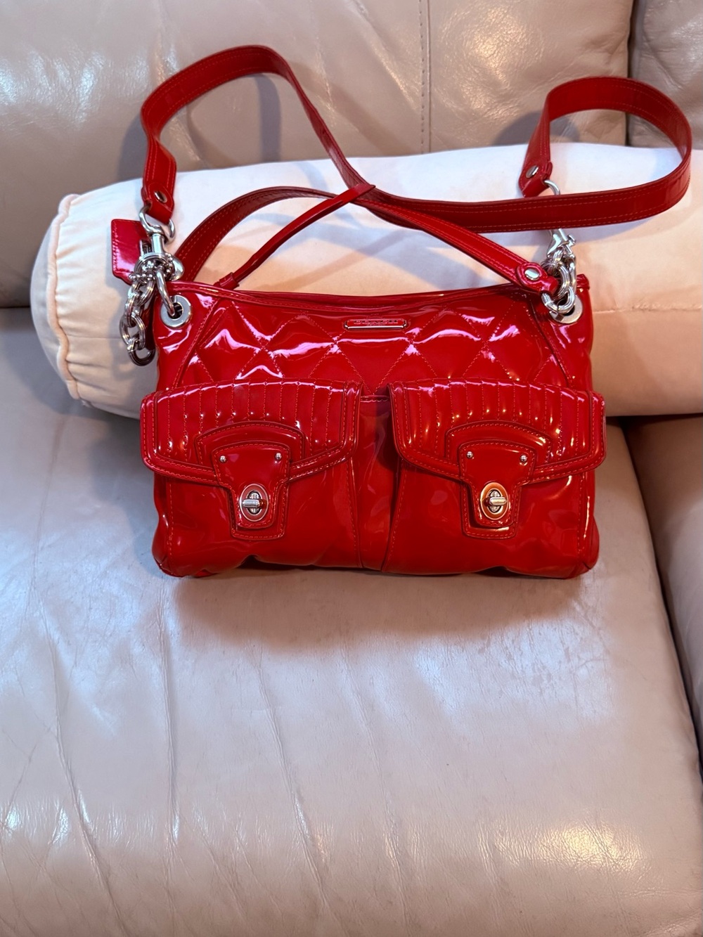 Glossy Red Patent Crossbody Bag with Silver Hardware